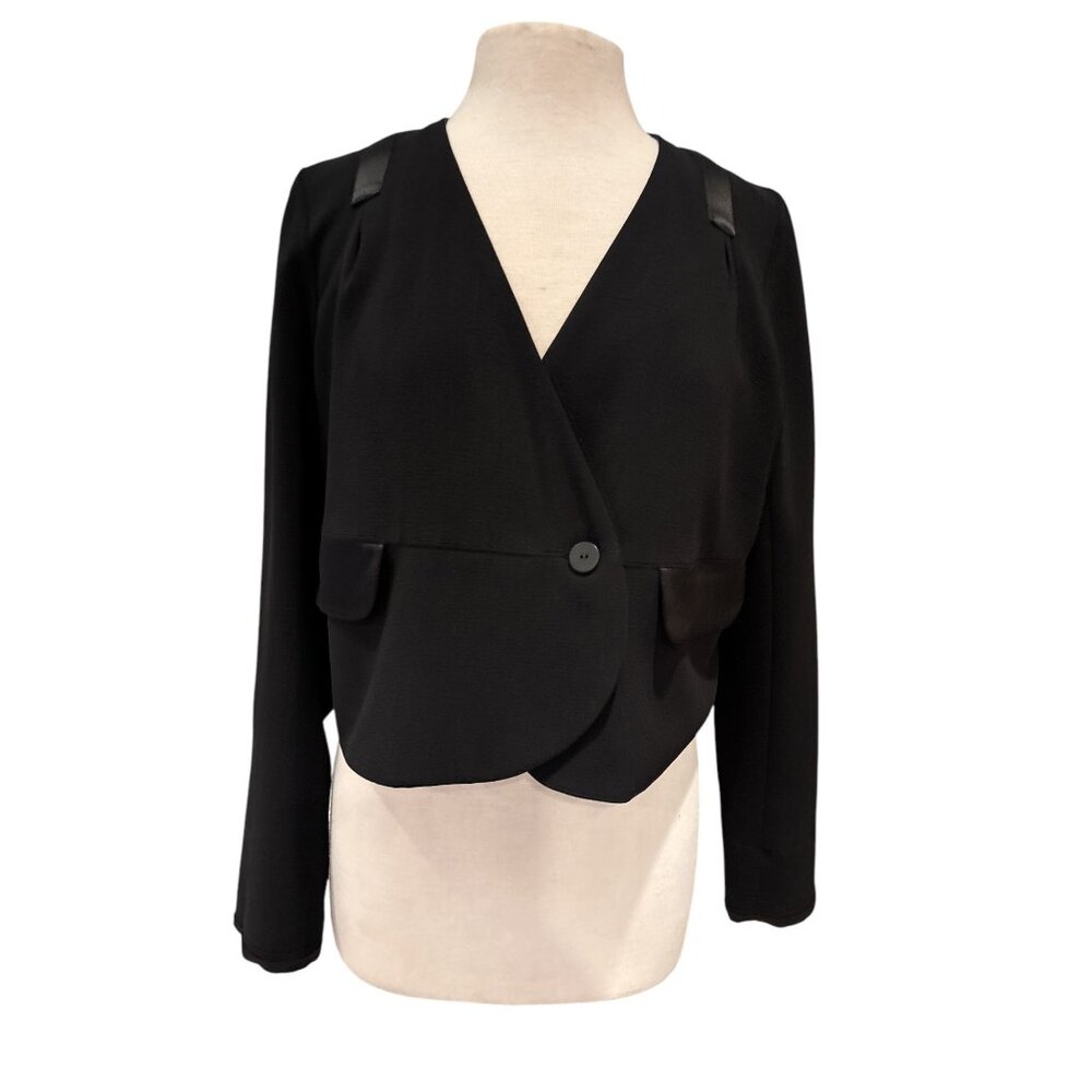 Liith Black Cropped Wrap-Style Blazer With Satin Trim & Single Button Closure